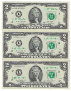 Fancy SN $2 Bills–Consecutive–L15777747A to L15777749A – UNC + Gift CO6a - Picture 1 of 4