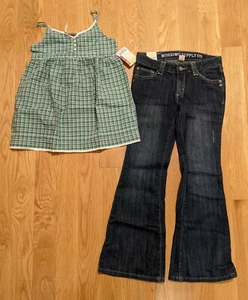 NWT Sz L 10 Gap Kids Green White Navy Plaid Top Mossimo Dark Rinse Flare Jeans - Picture 1 of 2
