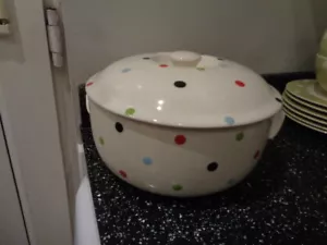 SPODE BAKING DAYS CASSEROLE DISH - MULTI COLOURED SPOT - crazing to lid - Picture 1 of 5