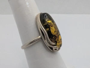Sterling Silver 925 Green Amber Ring Size 7 - Picture 1 of 8