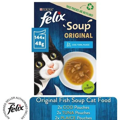 144x48g Felix Adult Cat Soup Wet Food Fish Selection Plaice Tuna Cod - Image 1 of 4