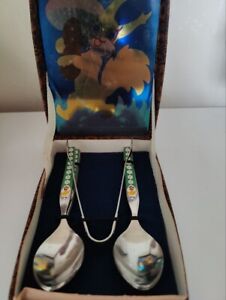 Vintage USSR Set of Enamel Spoons with Sugar Tongs/ Kids Flatware Set.