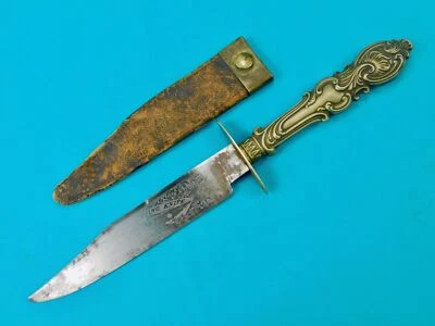 Старинный британский импортный охотничий боевой гравированный нож времен гражданской войны в США с ножнами - Изображение 1 из 4