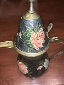 Arabic Islamic  Coffee Pot Copper Art  Made In India Black Floral Painted - Picture 1 of 12