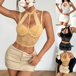 Women Sexy Halter Lace Top See-Through Mesh Sheer Slim T-Shirt Party Club Blouse - Picture 1 of 22