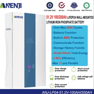51.2V 200AH LiFePO4 5/10Kwh Speicher Akku Batterie Wandmontage BMS Solarspeicher - Bild 1 von 13