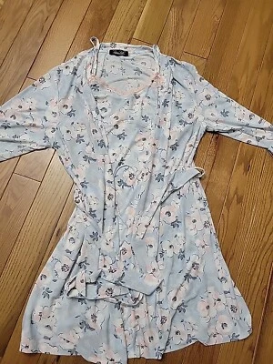 Rene Rofe 2pc Womens Short Chemise Nightgown & Robe Set Blue Pink Floral Size L - Image 1 of 4