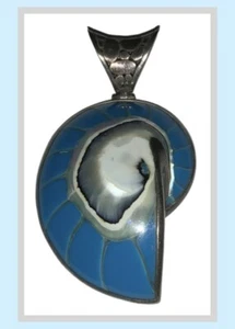 Natural Nautilus Shell 925 Sterling Silver Blue/Aqua Pendant - Women Jewelry - Picture 1 of 11
