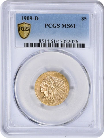 1909-D $5 Gold Indian MS61 PCGS Cover