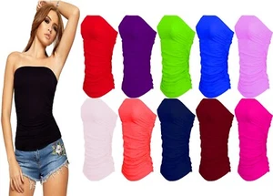 Top a fascia da donna nuovo tinta unita senza spalline senza maniche con ruches tubino UK 8-26 - Foto 1 di 20