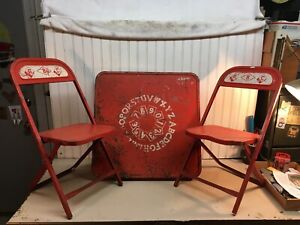 50’s ABC Children Red Metal Folding Table & 2 Chairs F.C. Castelli Co.