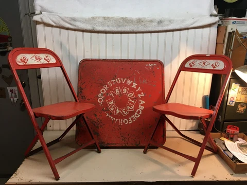 50’s ABC Children Red Metal Folding Table & 2 Chairs F.C. Castelli Co Cover