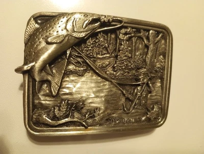 Vintage 1983 Bergamot Brass Works Fishing Belt Buckle P-146, 3 x2.25 Made in USA - Image 1 of 4