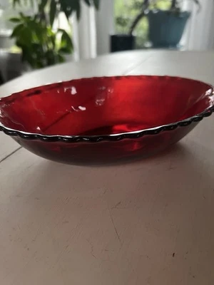 Vintage Royal Ruby Red Anchor Hocking Oval Vegetable Bowl Scalloped Edge - Image 1 of 4