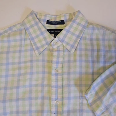 John Ashford Shirt Linen Blue Green Plaid Short Sleeve Button Up Shirt - Image 1 of 4