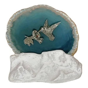 Hummingbird On Blue Agate Slice in Pewter and Gemstones Tealight Candle Holder - Picture 1 of 8