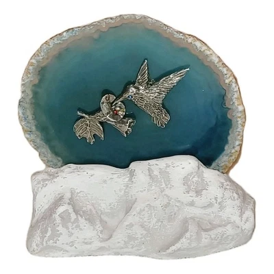 Hummingbird On Blue Agate Slice in Pewter and Gemstones Tealight Candle Holder - Image 1 of 4