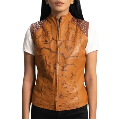 Handcrafted Studded Leather Vest: Tan Marbled Pattern, Zip Front - Image 1 of 4