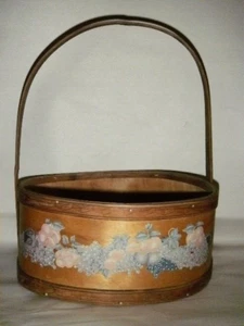 VINTAGE WOOD FRUIT BASKET HAND PAINTED STENCIL VENEER, HANDLE BRADS STURDY DECOR - Picture 1 of 24