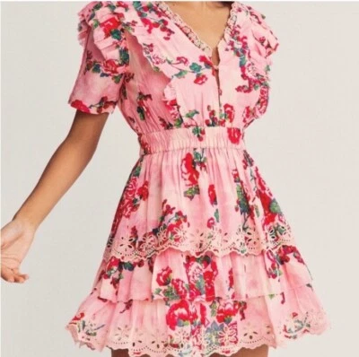 Vestido LoveShackFancy Rosa Mezcla Seda Floral Aldina Con Volantes En Capas Talla Pequeña Foto 1 de 4