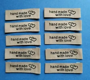 DIY Nähen * 10 Stoff Label Handmade with love Etiketten Stoffetiketten braun - Bild 1 von 2
