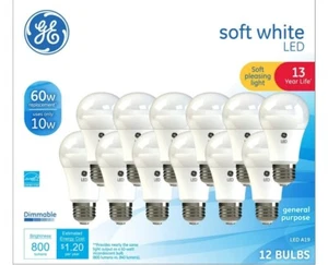 GE Soft White A19 General Purpose 10-Watt(60) LED Light Bulb, Dimmable, 12-Pack - Picture 1 of 2