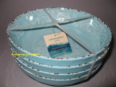 4 CYNTHIA ROWLEY AQUA BLUE Tuscan Scroll MELAMINE Medallion Pasta Cereal Bowl - Image 1 of 4