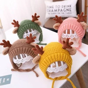 Christmas Antlers Baby Hat Winter Plush Knitted Ear Warmer Bonnet Cute Boy Girl - Picture 1 of 17