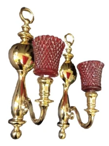 Vintage wall Sconce Gold Candle Holder Set Of 2 Red Glass Votives MCM BOHO - Picture 1 of 13