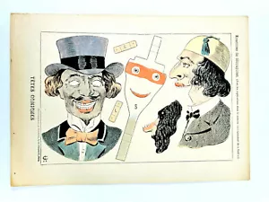 RARE uncut 1900's French Paper Game 'Tets Comiques' Head Comics Puppet - Picture 1 of 8