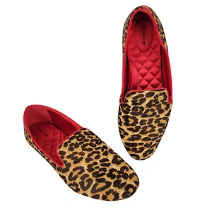 BIRDIES The Starling Loafers 12 Brown Leopard Print Calf Hair Red Lining Flats - Picture 1 of 12