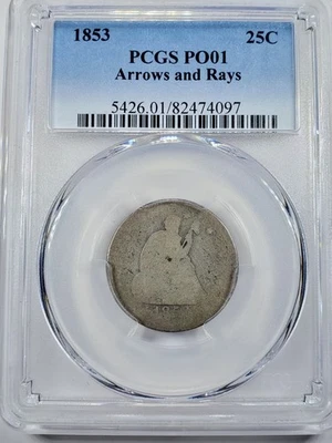 1853 Seated Liberty Quarter 25c Arrows & Rays PCGS PO1 Poor Lowball Set  - Image 1 of 4