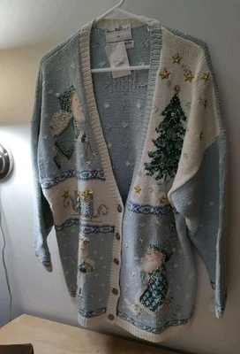 Vintage NWT 2x Womens Blue Ugly 1995 Christmas Grandma Cardigan Sweater New  - Image 1 of 4