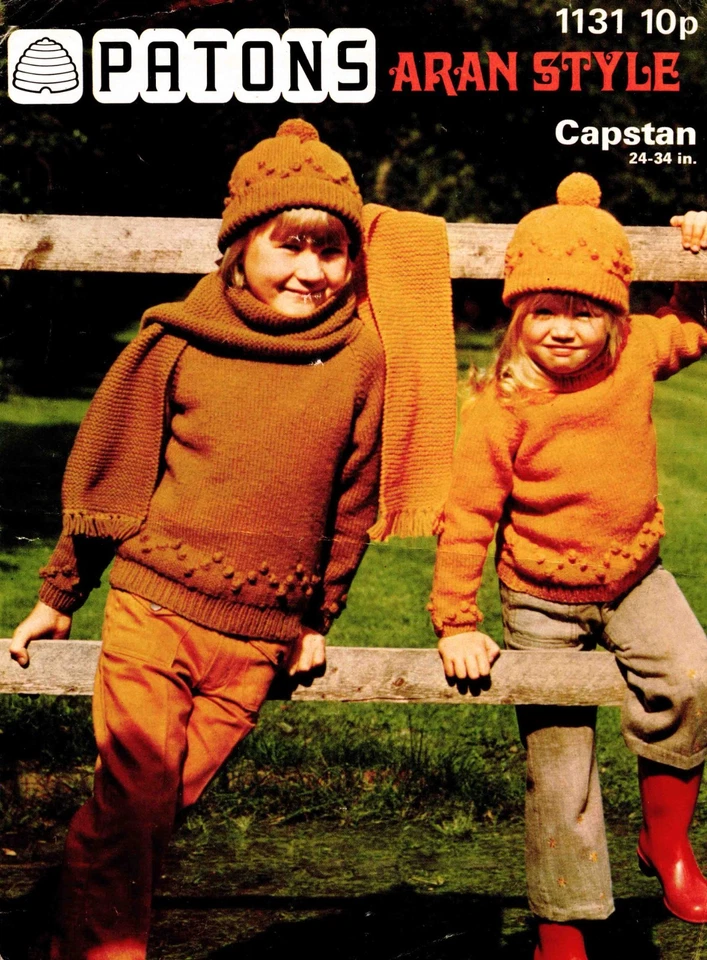 Child Sweater Pullover Hat Scarf 61-87cm 24-34in Patons 1131 Aran Pattern PRINT - Image 1 of 2