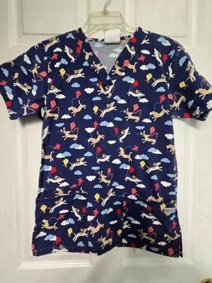UA Scrubs Scrub Top size XS-Navy/Red Dogs-LET'S GO FLY A KITE-Chest 18.5"/L26.5" - Image 1 of 4