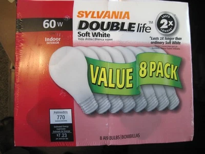 Sylvania 60 W Double Life A19 Soft White light bulb Value 8 pack - sealed!