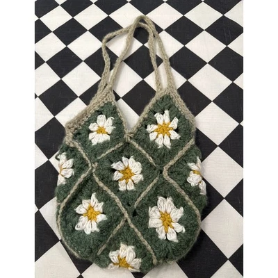 手工钩针雏菊花托特包绿色白色黄色波西米亚奶奶方形 — 第 1/4 张图片