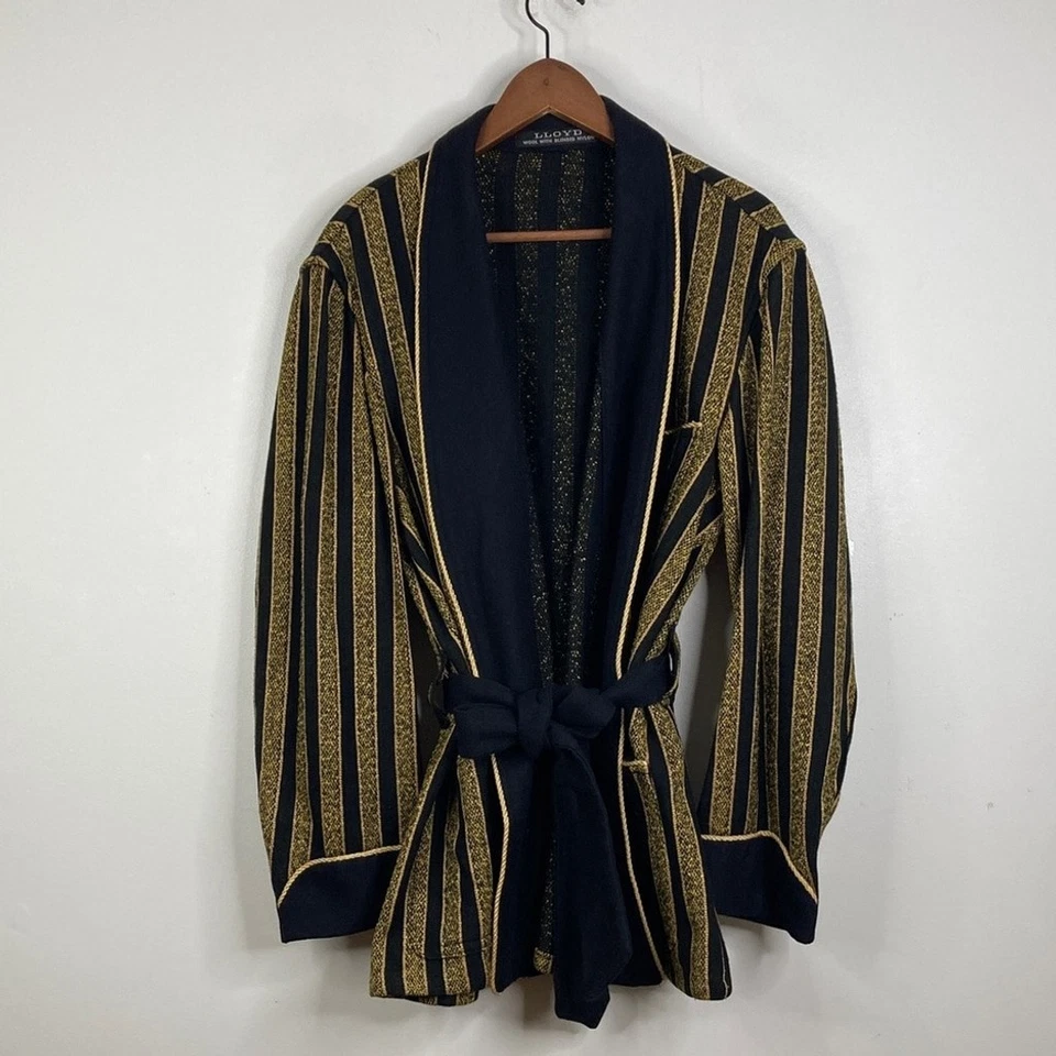 Vintage Smoking Jacket Mens Large Black Gold Stripe Wool Dressing Gown England — 第 1/4 张图片
