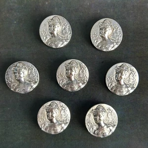 Vintage Silver Plated Repousse Metal Buttons x 7 Set Victorian Edwardian Revival - Picture 1 of 9