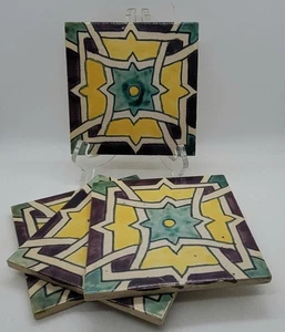 Four Vintage DESVRES France Hand Painted Geometric Tiles 5 1/8" x 5 1/8" - Picture 1 of 6