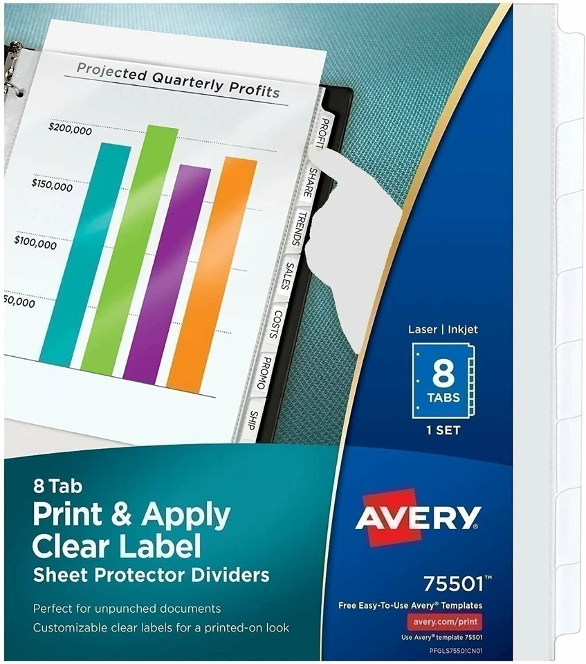 Avery Print & Apply Clear Label Sheet Protector Dividers, 8 White Tabs - Image 1 of 1