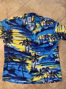 Ocean Current Men’s Hawaiian ￼Camp Shirt  L Blue Palm Tree Rayon - Picture 1 of 6