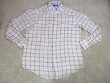 Faconnable Linen Button Up Shirt Mens L Plaid Long Sleeve White Blue Long Sleeve