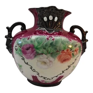 Antique Art Nouveau Porcelain Two Handled Vase Detailed Floral Signed - Picture 1 of 12