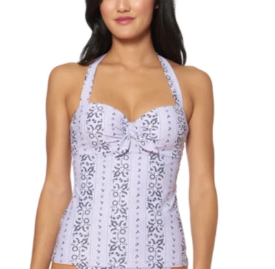 Camiseta Tankini Jessica Simpson LAVENDER MULTI Estampada Lazo Frontal Halter 20483 M Nueva con Etiquetas Foto 1 de 2