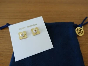 TORY BURCH OHRSTECKER PERLE ELFENBEIN/GOLD BLUME LOGO. NEU                      - Bild 1 von 12