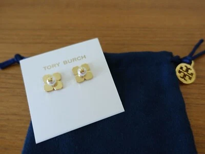 TORY BURCH PEARL IVORY/ GOLD STUD FLOWER LOGO EARRINGS. NEW                      - Image 1 of 4