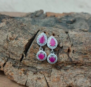 925 Sterling Silver Natural Ruby & CZ Studs Woman Earring Jewellery E-323 - Imagen 1 de 8