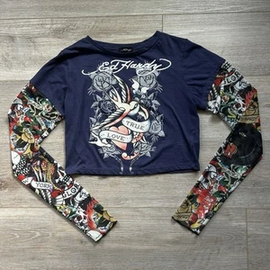 ED HARDY  Women's True Love Tattooed Sleeve Crop Top Navy Blue Size Med - Picture 1 of 10