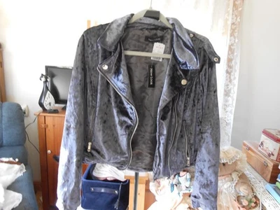 NEW LOOK VELVET MOTO JACKET-GRAY-WOMEN'S SIZE L-SILVER ACCENTS-NEW W DEFECT. - Image 1 of 4